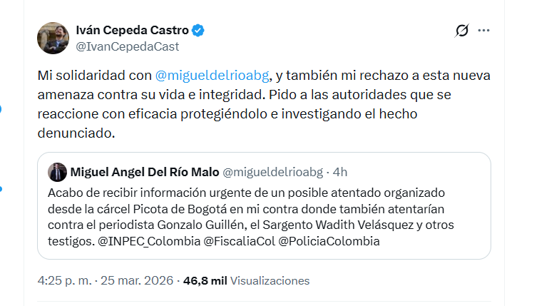 El candidato Iván Cepeda Castro expresó su solidaridad con el abogado Del Río por posible atentado que se planeó en su contra - crédito @IvanCepedaCast/X