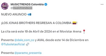 Tras 13 años, el grupo musical deleitará a sus fans colombianos en el Movistar Arena con una única actuación - crédito X