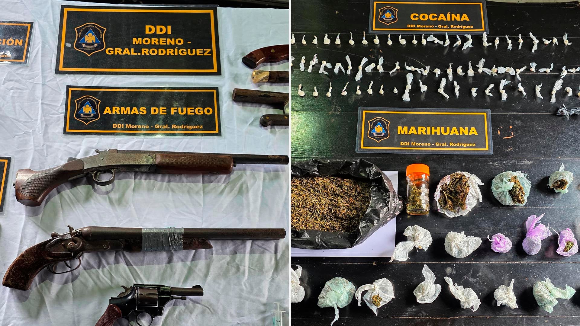 El armamento y las sustancias incautadas durante los operativos.