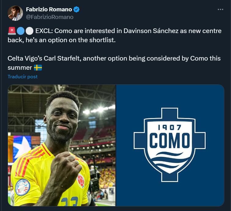 Davinson Sánchez interesaría al Como de Italia- crédito @FabrizioRomano/X