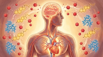 Cuerpo humano translúcido con cerebro, corazón y sistema circulatorio iluminados. Flotan alrededor moléculas de glucosa, colesterol e insulina.