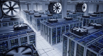 Filas de gabinetes de servidores con luces indicadoras y cables, con ventiladores grandes en el techo y pequeños ventiladores sobre los gabinetes.