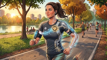 Ilustración digital de mujer joven corriendo en un parque al atardecer. Viste camiseta inteligente con circuitos luminosos, monitores en brazos y auriculares.