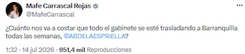 Mafe Carrascal cuestionó costo de traslado del gabinete de Abelardo de la Espriella a Barranquilla - crédito @MafeCarrascal/X