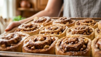 Manos sosteniendo una bandeja con nueve rollos de canela y manzana recién horneados, cubiertos con glaseado y espolvoreados con azúcar