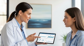 Una mujer vestida de médica con bata blanca muestra una tableta con gráficos a una mujer joven. La médica señala la pantalla y la mujer la observa.