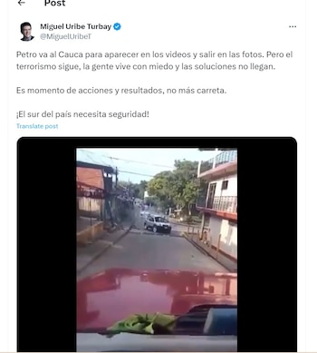Miguel Uribe Turbay cuestiona al presidente por su atención a la violencia en el Cauca - crédito @MiguelUribeT