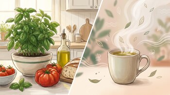 Una planta de albahaca en maceta, tomates, botella de aceite y pan en una cocina; una taza con infusión caliente, vapores y hojas flotando.