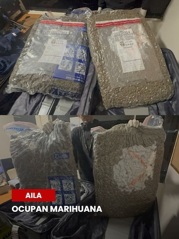 La DNCD informó que en la maleta encontraron dos pacas con marihuana camufladas entre prendas de vestir. (Cortesía: Dirección Nacional de Control de Drogas )