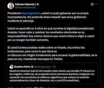 María Fernanda Cabal y Paloma Valencia rechazaron las acusaciones de Petro y le reprocharon no acudir a las vías legales tras la proclamación de Abelardo de la Espriella por el CNE - crédito X