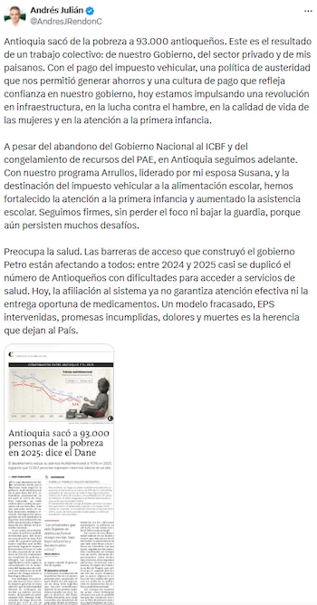 El gobernador Andrés Julián Rendón denunció barreras en salud y sostuvo compromiso con la infancia en Antioquia - crédito @AndresJRendonC/X