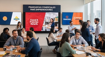 Profesionales en un evento de franquicias. Participantes sentados y de pie. Pantallas exhiben 'Franquicias Comerciales para Emprendedores' y logos de marcas. Vista urbana al fondo.