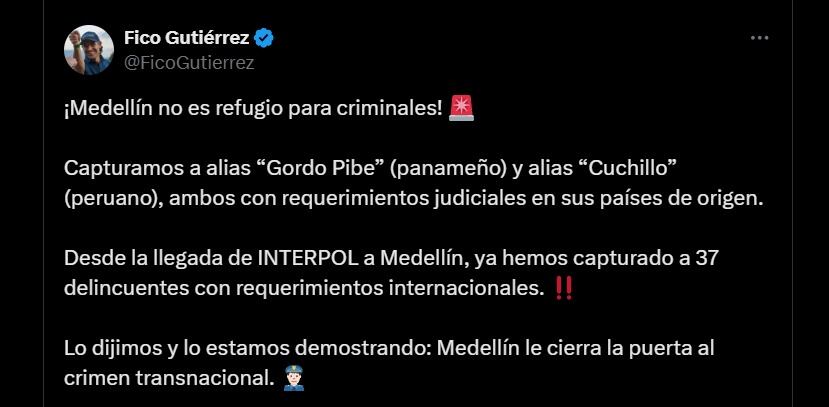 Federico Gutiérrez reafirma el compromiso de Medellín para garantizar la seguridad con estrategias que atacan el crimen organizado - crédito @FicoGutierrez / X