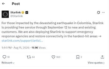 Captura de pantalla de una publicación de Starlink en red social sobre servicio gratuito en Colombia tras terremoto, con fecha 11 de agosto de 2026