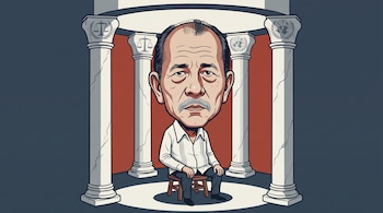 Caricatura de Daniel Ortega sentado en un taburete dentro de un templete circular de cuatro columnas de mármol con símbolos grabados.