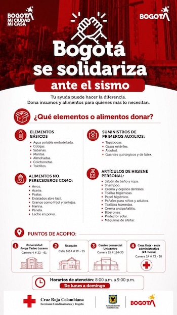La Alcaldía de Bogotá habilitó el 11 de agosto de 2026 cuatro puntos de acopio para reunir ayudas destinadas a las regiones más afectadas por el terremoto de 7,4 que sacudió el departamento de Chocó el 10 de agosto - crédito @MSilvaMoyano/X