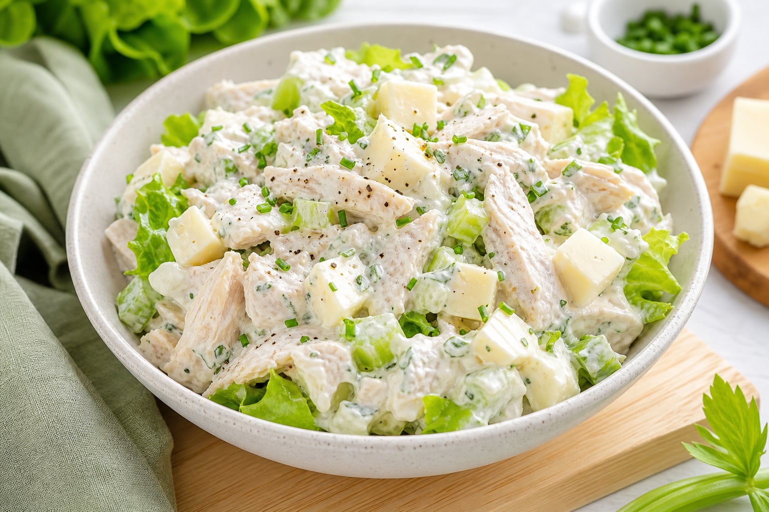 Un cuenco contiene ensalada de pollo mezclada con aderezo de yogur, apio y dados de queso sobre hojas de lechuga. (Imagen Ilustrativa Infobae)