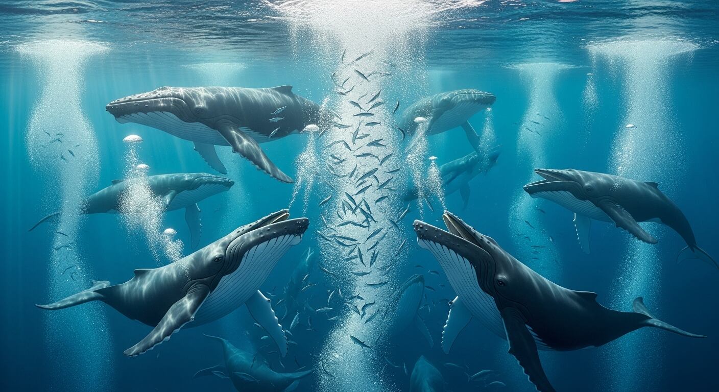 Los científicos detectaron roles específicos en los grupos de ballenas, como vocalizadoras, creadoras de burbujas y primeras lanzadoras (Imagen Ilustrativa Infobae)