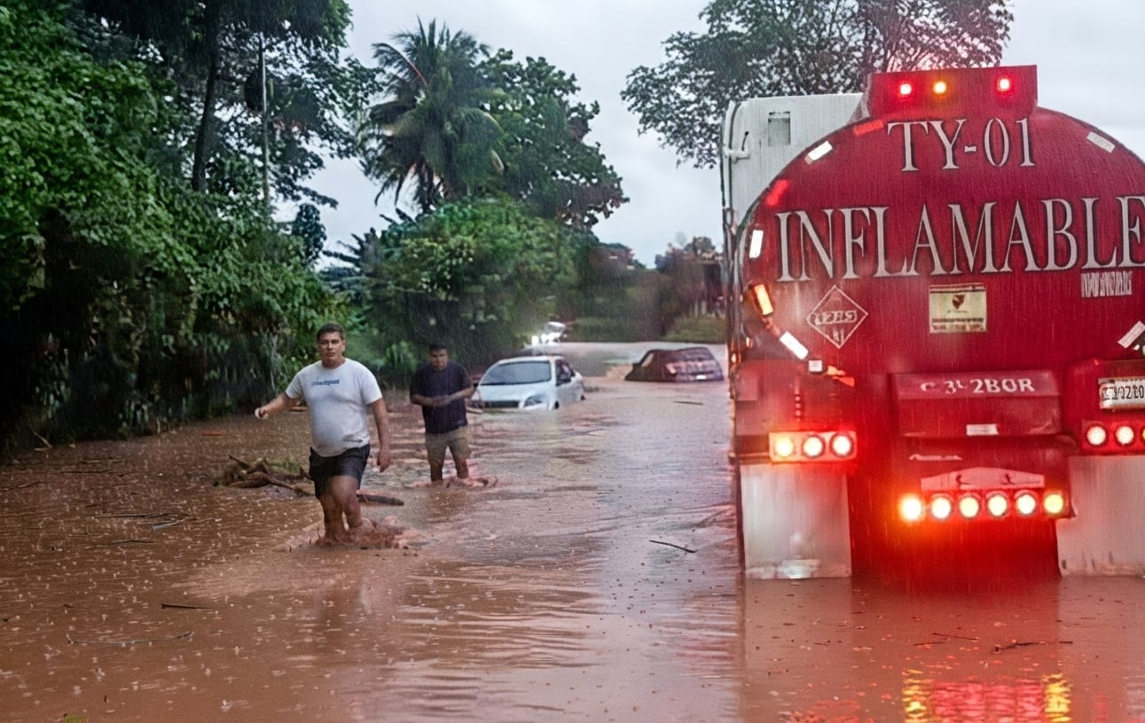 El río Silvino se salió de su cauce e inundó un tramo de la carretera que conduce hacia el Atlántico en Morales, Izabal. (Facebook)