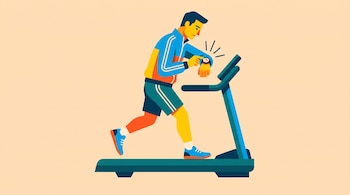 Ilustración de hombre en ropa deportiva caminando en cinta, observa su reloj de muñeca. Viste camiseta azul y amarilla, shorts y zapatillas.
