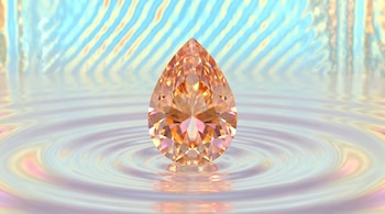 Un diamante anaranjado con corte en forma de gota sobre una superficie reflectante con ondas de agua y un fondo iridiscente.