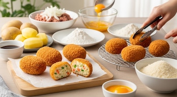 Mesa con ingredientes: papas, carne molida, cebolla, harina, huevos, pan rallado. Croquetas de papa, una cortada, y una mano manipulando otra.