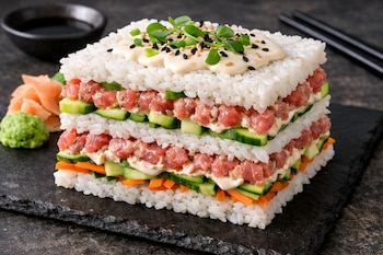 Plato cuadrado de lasaña de sushi con arroz, atún, pepino, zanahoria, salsa, brotes y sésamo. Palillos, salsa de soja, jengibre y wasabi al fondo.