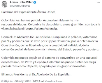 Álvaro Uribe reconoció el triunfo de Abelardo de la Espriella y llamó a votar contra “el chavismo” - crédito @AlvaroUribeVel/X