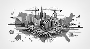 Diseño gráfico monocromático de un centro de datos de inteligencia artificial sobre un mapa de Estados Unidos, con rascacielos, puentes, grúas y formas geométricas.