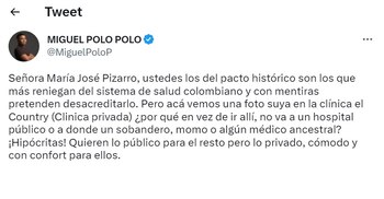 Tuit del congresista Miguel Polo