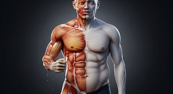 Representación artística de un cuerpo humano masculino dividido por la mitad, mostrando músculos expuestos en un lado y piel pálida con grasa en el otro.