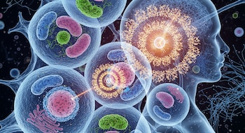 Múltiples células transparentes con organelos de colores y estructuras internas. Silueta lateral de una cabeza humana con filamentos azules y luz central