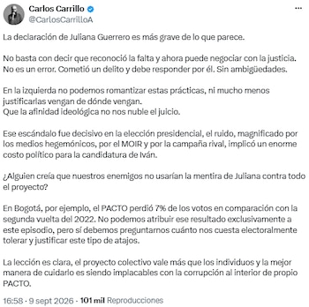 Carlos Carrillo advirtió el costo electoral de tolerar irregularidades dentro del Pacto Histórico - crédito @CarlosCarrilloA/X