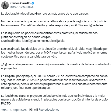 Carlos Carrillo advirtió el costo electoral de tolerar irregularidades dentro del Pacto Histórico - crédito @CarlosCarrilloA/X