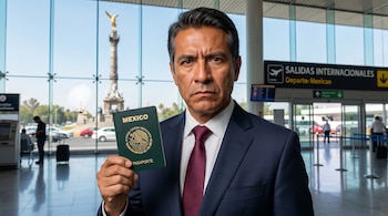 Hombre mexicano en traje azul y corbata, sostiene un pasaporte verde. Mira serio a cámara en un aeropuerto con el Ángel de la Independencia al fondo.