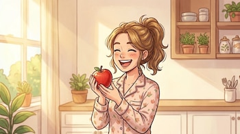 Ilustración de una mujer de cabello castaño claro con coleta, sonriendo y sosteniendo una manzana roja en una cocina iluminada por el sol, con plantas