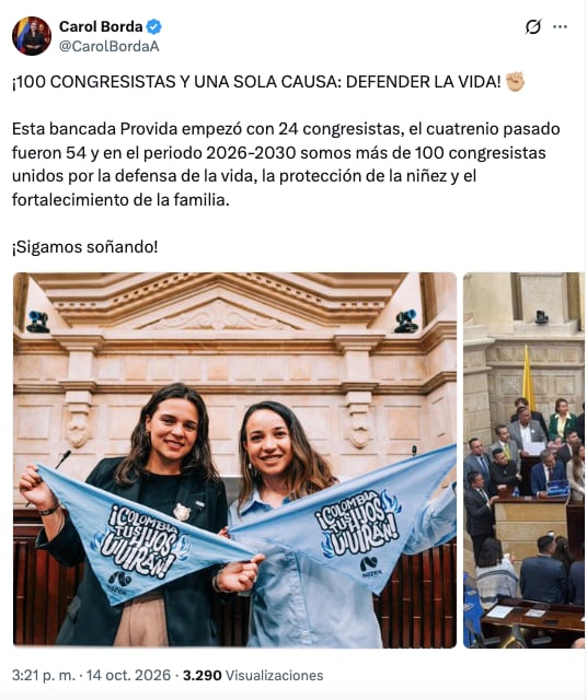 Con este mensaje en su cuenta de X, la representante Carol Borda celebró conformación de la bancada Provida en el Congreso - crédito @CarolBordaA/X