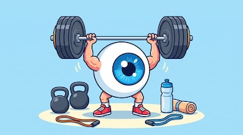 Ilustración de un ojo con extremidades que levanta pesas, junto a pesas rusas, bandas elásticas, una botella de agua y una toalla.