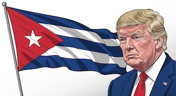 Ilustración de Donald Trump con chaqueta azul y corbata roja junto a una bandera de Cuba ondeando.