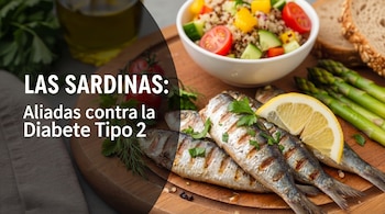 Una tabla de madera con sardinas a la parrilla decoradas con perejil y un limón, junto a un tazón de ensalada de quinua, espárragos y pan integral.
