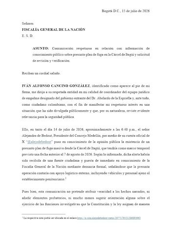 El ministro designado de Justicia, Iván Cancino, pidió a la Fiscalía General de la Nación y al Inpec que verifiquen y refuercen las medidas de seguridad tras la difusión de un presunto plan de fuga masiva en la cárcel de Itagüí - crédito Iván Cancino