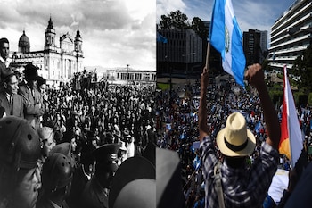 Composición de dos imágenes: una multitud en blanco y negro frente a una catedral y una protesta contemporánea con banderas guatemaltecas.