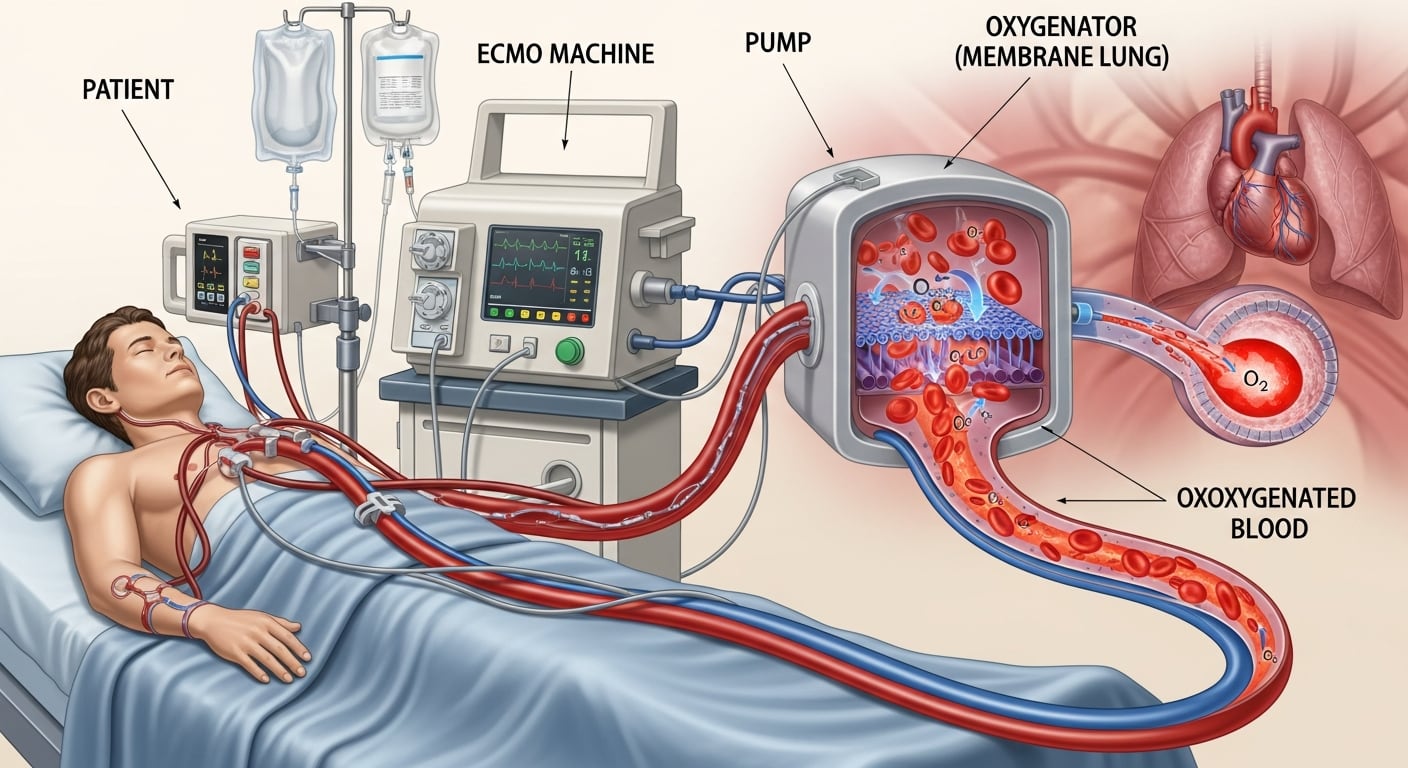 La ilustración muestra cómo la máquina ECMO, u oxigenación por membrana extracorpórea, actúa como un pulmón y corazón artificial extracorpóreo, oxigenando la sangre y devolviéndola al cuerpo para la recuperación del paciente. (Imagen Ilustrativa Infobae)