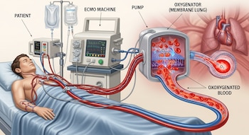 Ilustración de un paciente en cama conectado a una máquina ECMO con tubos rojos y azules que muestran la circulación sanguínea a través de un oxigenador externo.