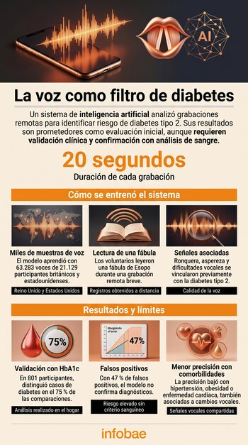 Infografía con el título La voz como filtro de diabetes, ilustraciones de ondas sonoras, un teléfono inteligente, una boca y diagramas de datos.