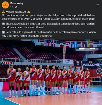 Selección peruana de vóley no viajó a Japón por desperfectos en el avión.