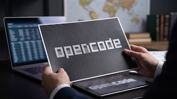 Manos de una persona en traje que sostienen una lámina negra con el texto opencode frente a una computadora portátil y una tableta.