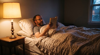 Un hombre barbudo con gafas yace en la cama, cubierto hasta el pecho, leyendo un libro. Una lámpara cálida en la mesa de noche ilumina la escena.