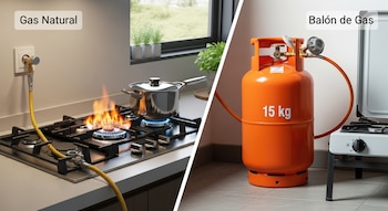 Comparativo de sistemas de gas: una estufa moderna conectada a la pared con fuego azul y un balón de gas naranja de 15 kg conectado a un hornillo portátil.