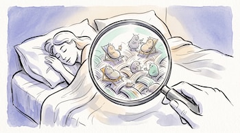 Una persona duerme en la cama mientras una lupa enfoca ácaros dibujados reposando entre los hilos de la sábana.